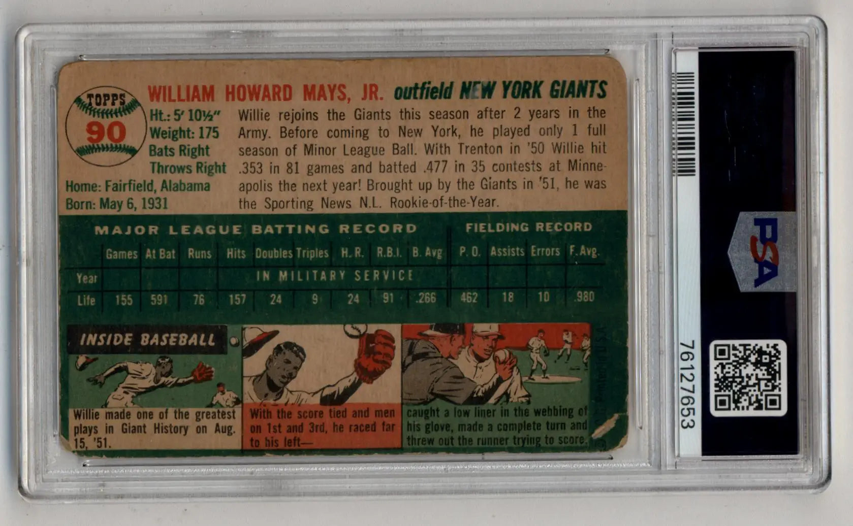Willie Mays 1954 Topps #90 PSA 1.5 Fair 7653 - Singles