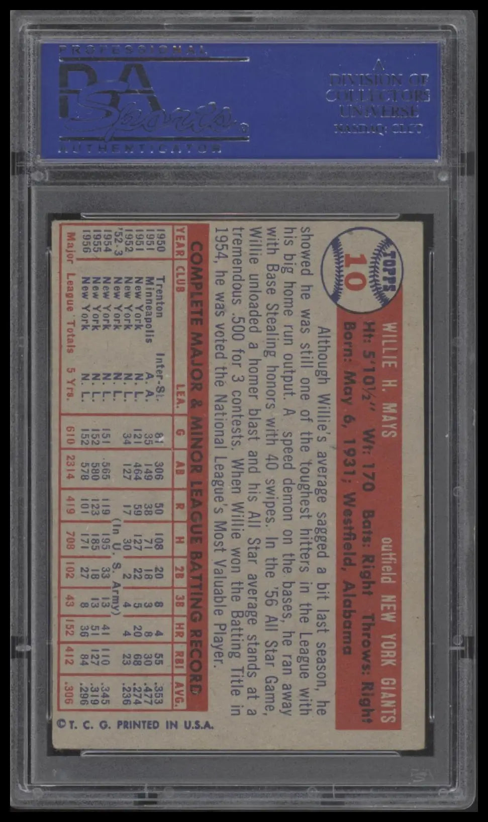 Graded vintage Willie Mays baseball card of the New York Giants from 1957 Topps
