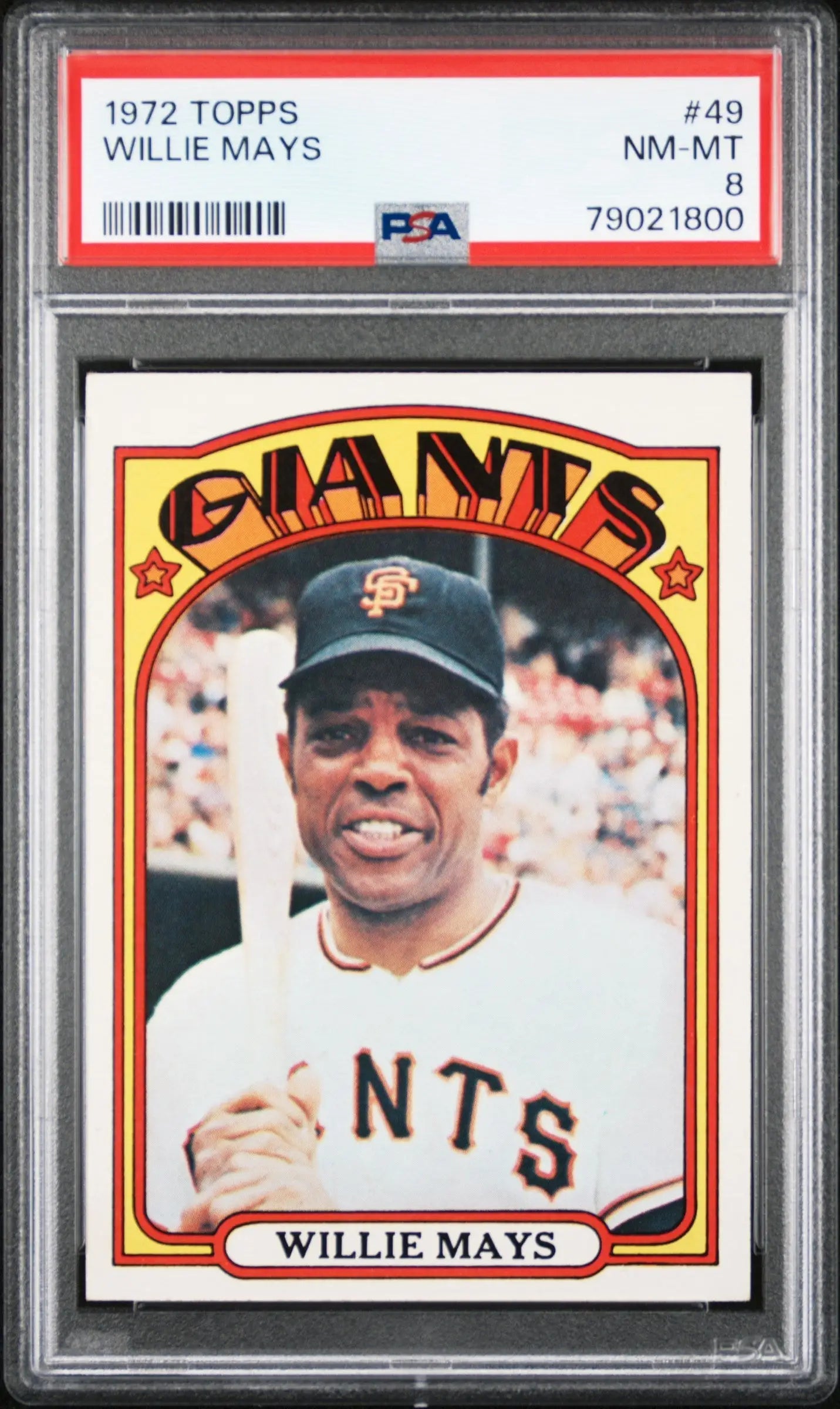 A graded 1972 Topps Willie Mays baseball card in PSA 8 NM-MINT condition