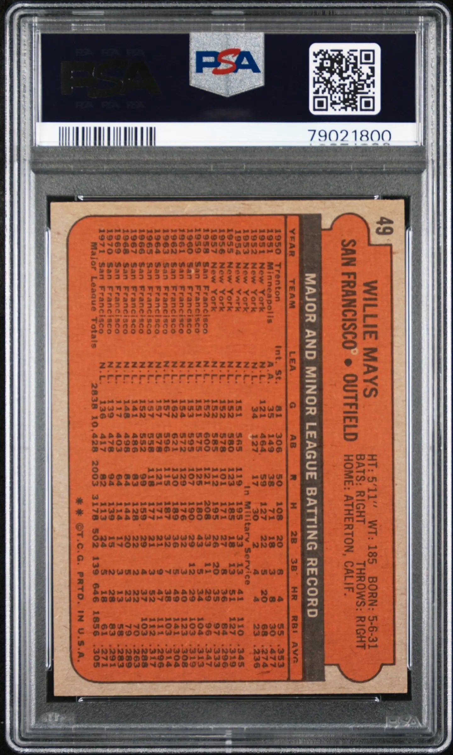 Graded vintage Willie Mays baseball card from 1972 Topps #49 PSA 8 NM-MINT