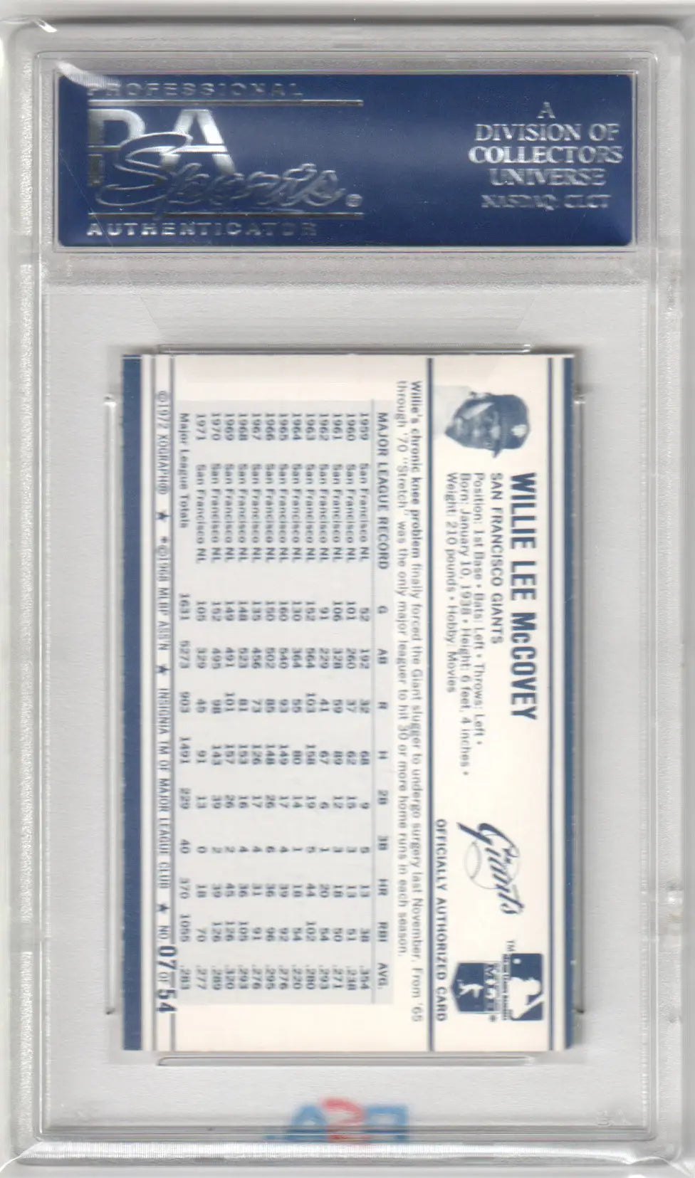 Encased Willie McCovey baseball card from Columbia Hobby, largest card, PSA 9 Mint