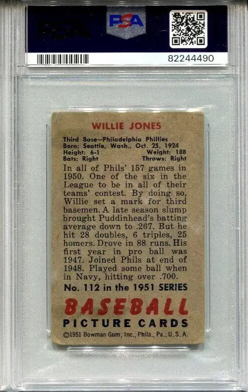 Willie Puddin Head Jones 1951 Bowman #112 PSA 3 DNA 9 Signed Card Auto Phillies