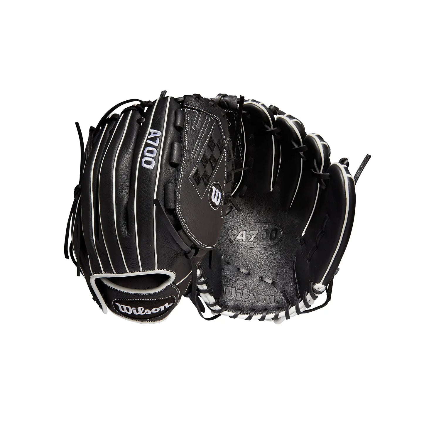 Black Wilson A700 fastpitch outfield glove for right-handed throw in product display