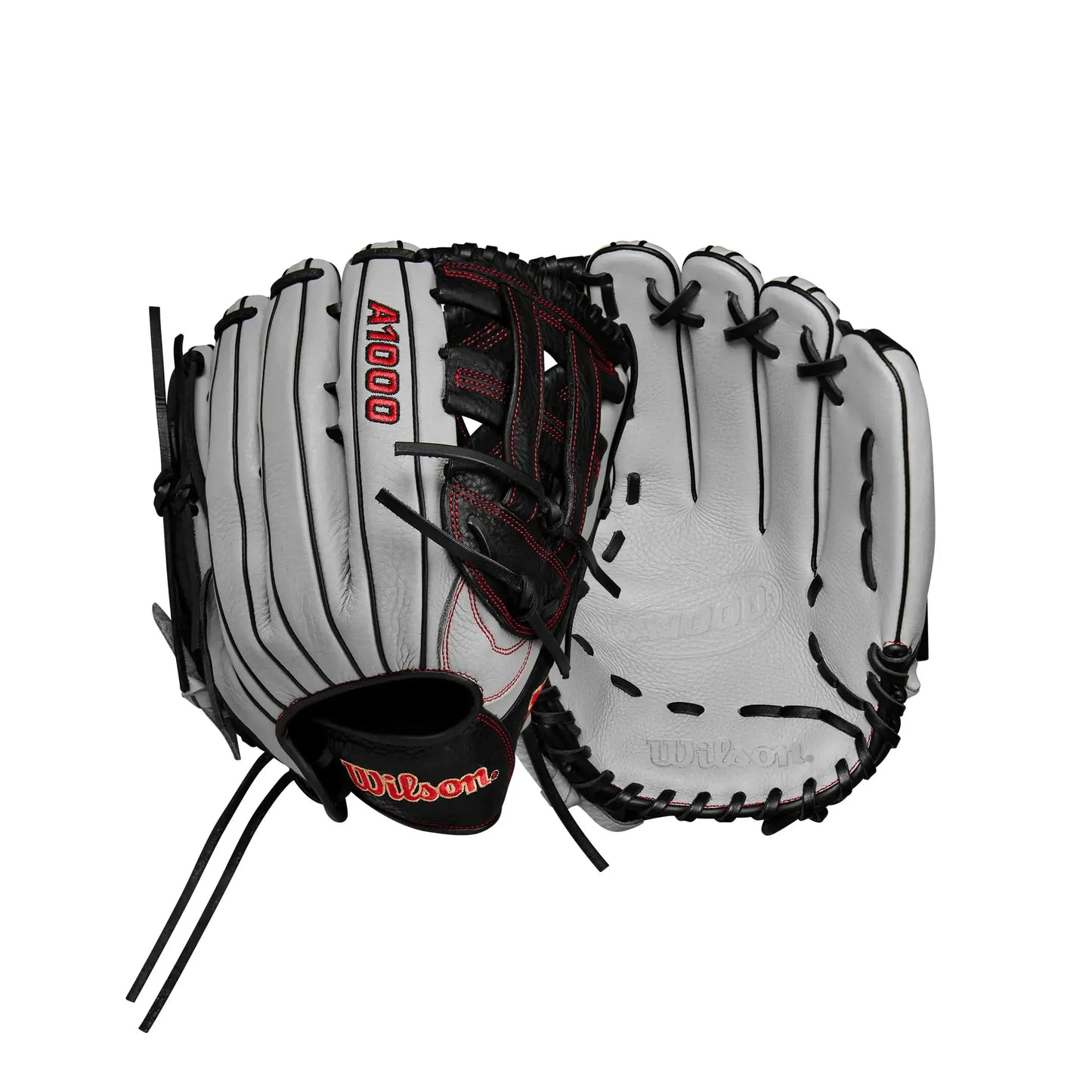 White and black baseball glove by WILSON, ideal for outfield foul line plays