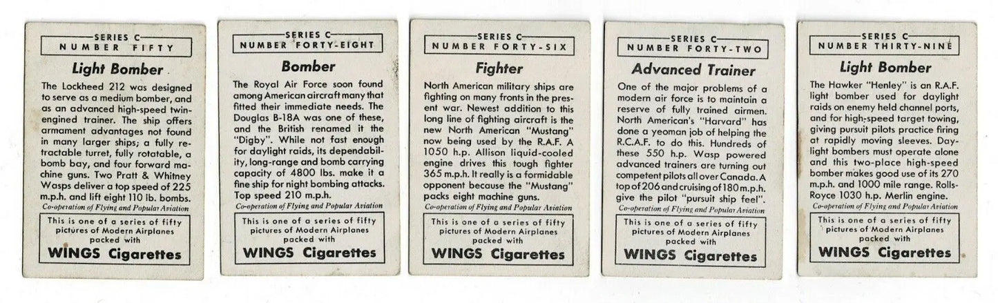 Vintage airplane trading cards from Wings Cigarettes Lot featuring T87C Modern American series