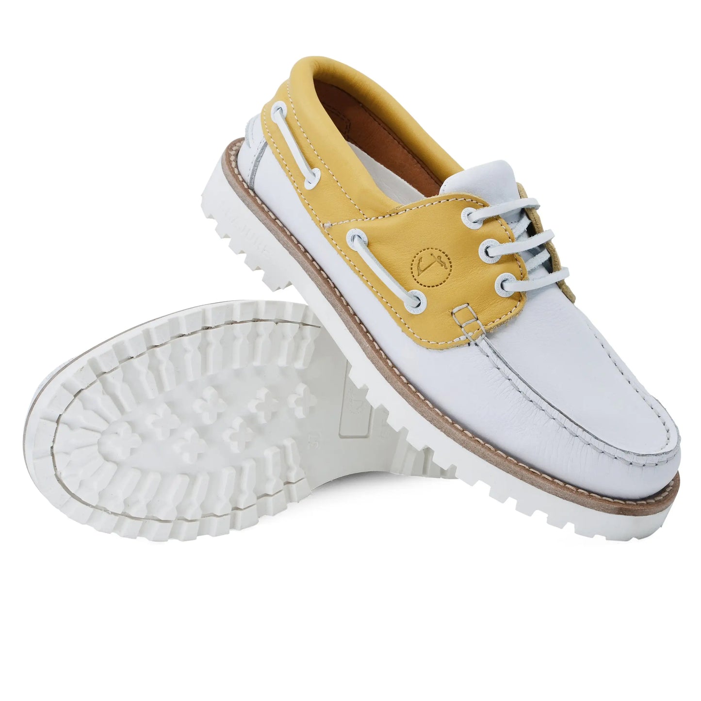 High quality women boat shoe Quirimbas in white and yellow leather with thick sole