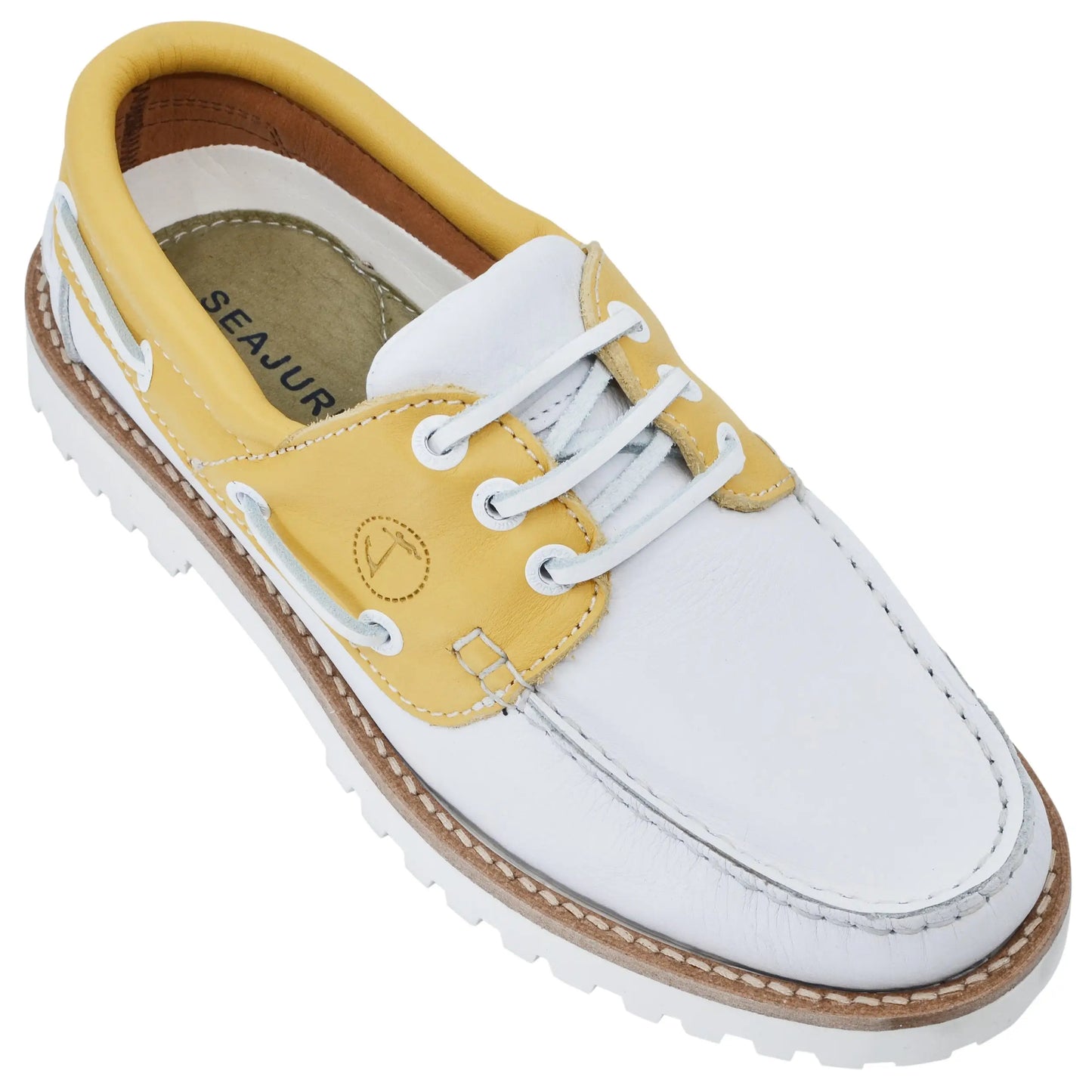 High quality Women Boat Shoe Quirimbas in white and yellow leather with white laces