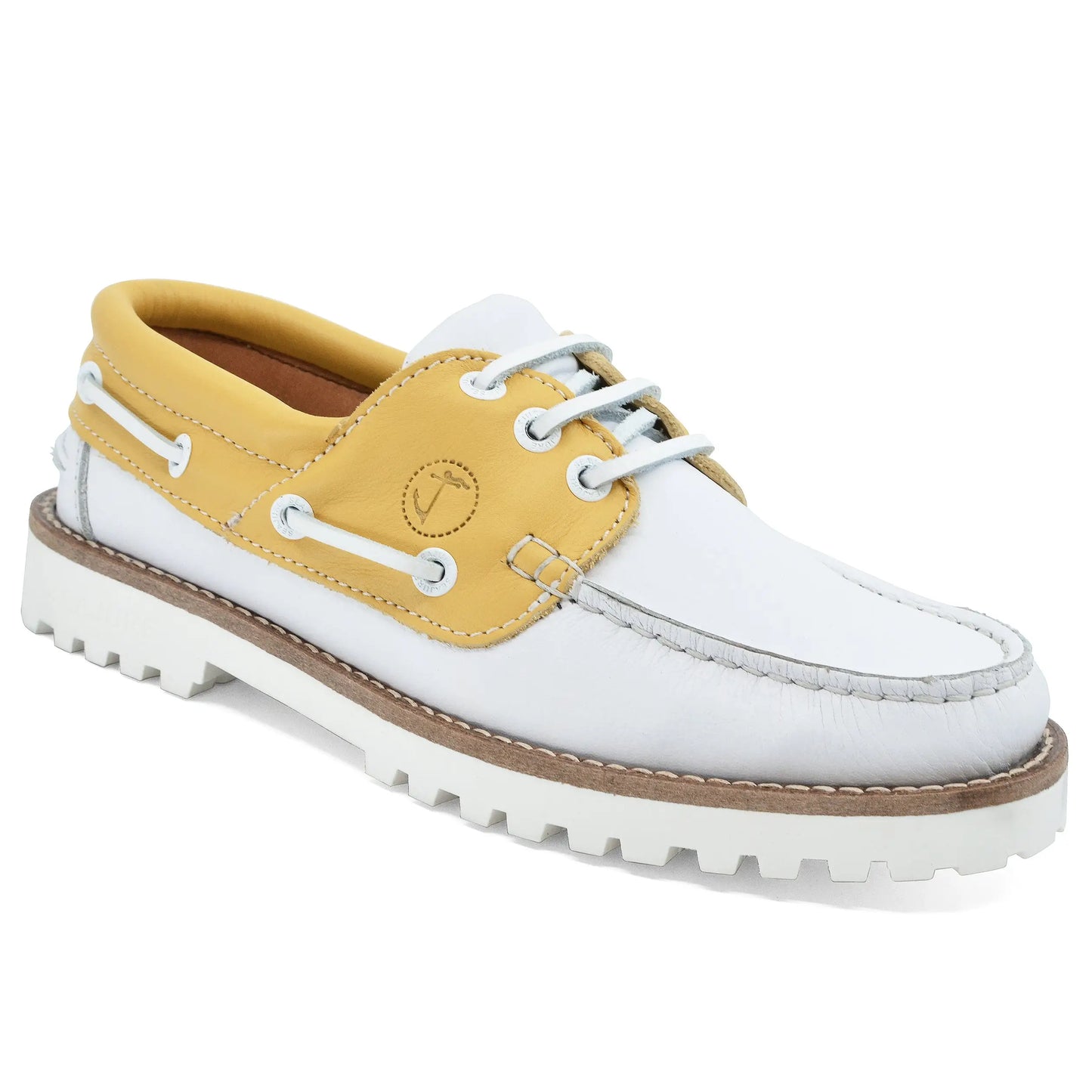 Women boat shoe Quirimbas in high quality white and yellow leather with white laces