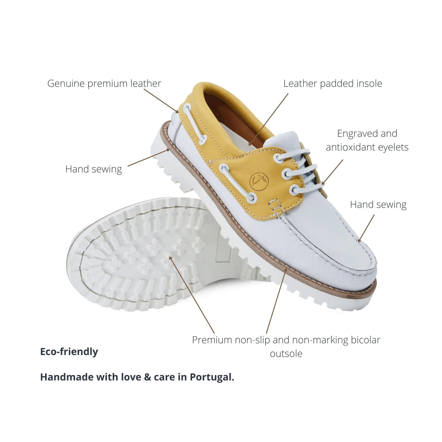 High-quality Women Boat Shoe Quirimbas in white and yellow leather with non-slip outsole