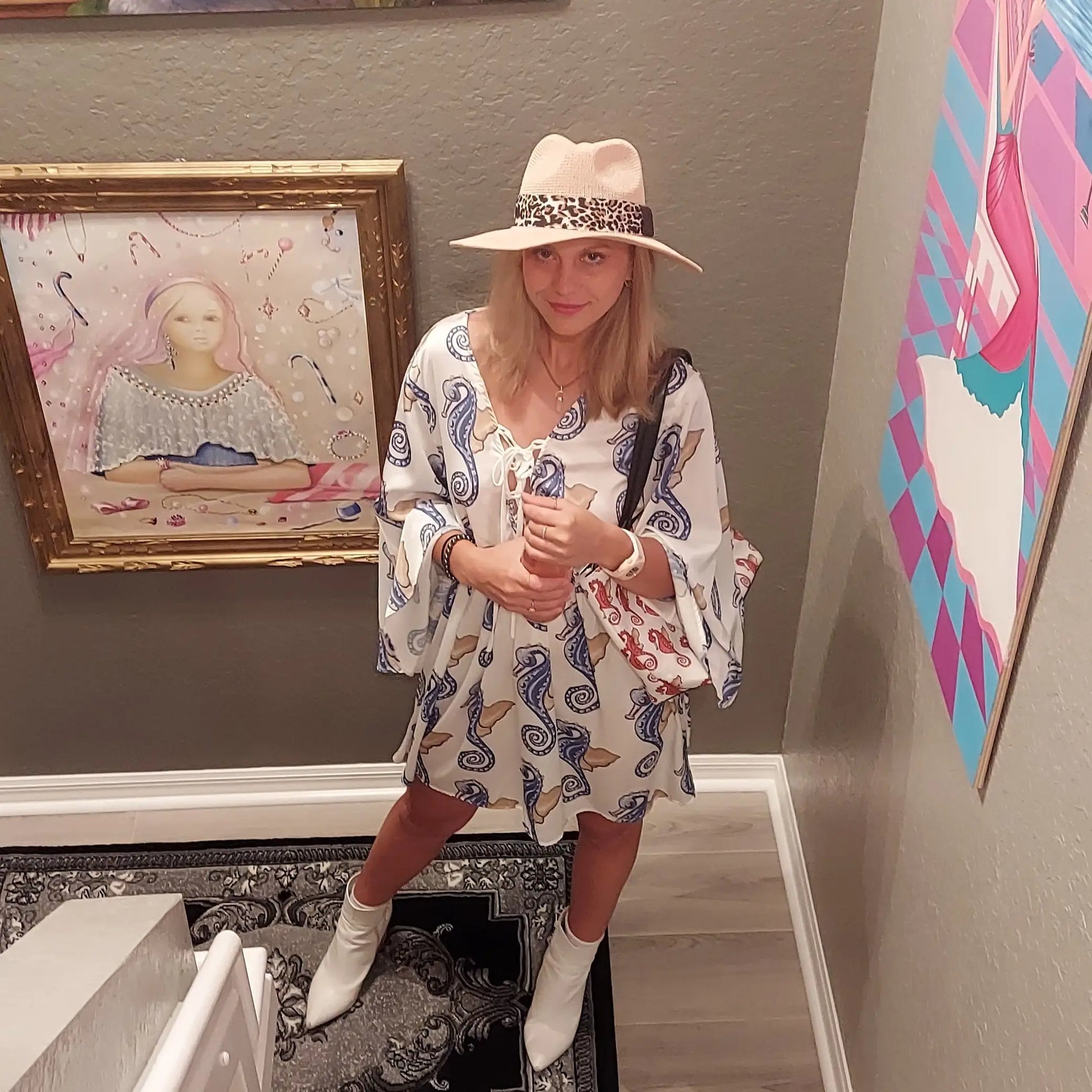 White mini dress with blue and brown seahorse patterns, flare sleeves, V-neck, perfect for business days