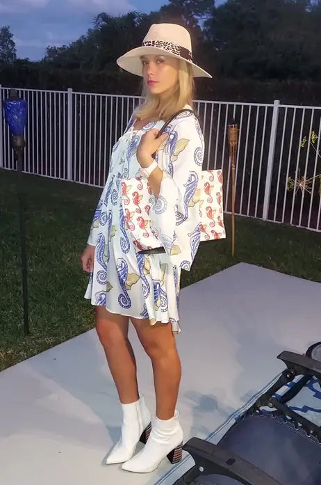 Womens mini dress with seahorse pattern and flare sleeves, perfect for business days