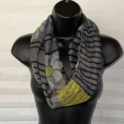 Gray Daisy Infinity Scarf with black stripes and floral pattern for stylish women