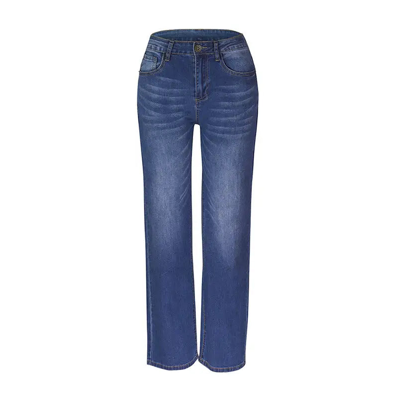 Blue denim jeans with a loose fit and wide leg, high stretch for comfort