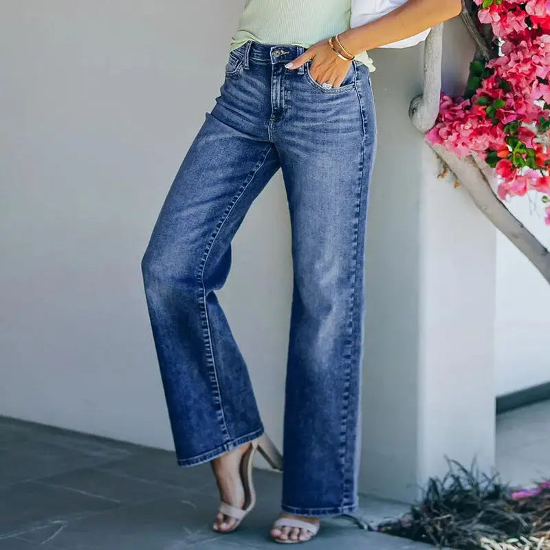 Dark wash loose fit high stretch wide leg denim pants for women