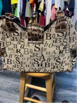 Sag Harbor beige and brown fabric tote bag with black and grey letter pattern and faux-alligator accents