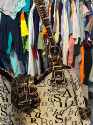 Sag Harbor beige and brown tote bag with faux crocodile leather accents and metallic hardware