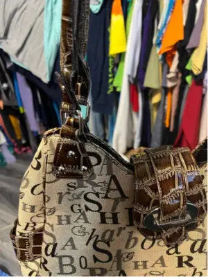 Sag Harbor Women’s Beige & Brown Tote Bag with patterned fabric and dark brown accents
