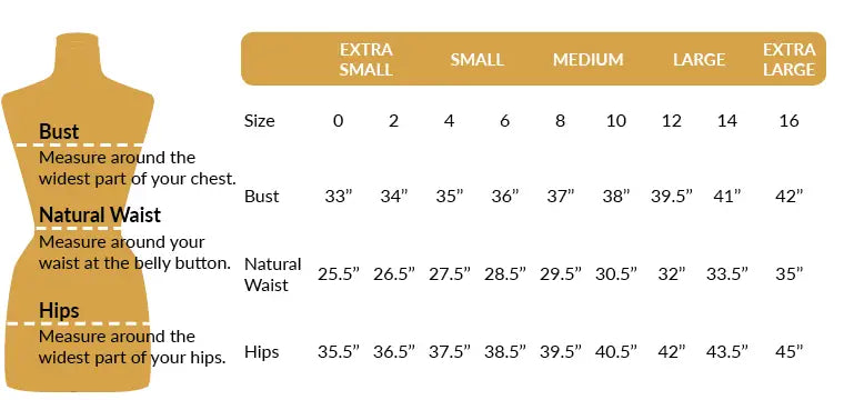 Size chart for Women’s Woven Slim Fit Dress with bust, waist, and hip measurements