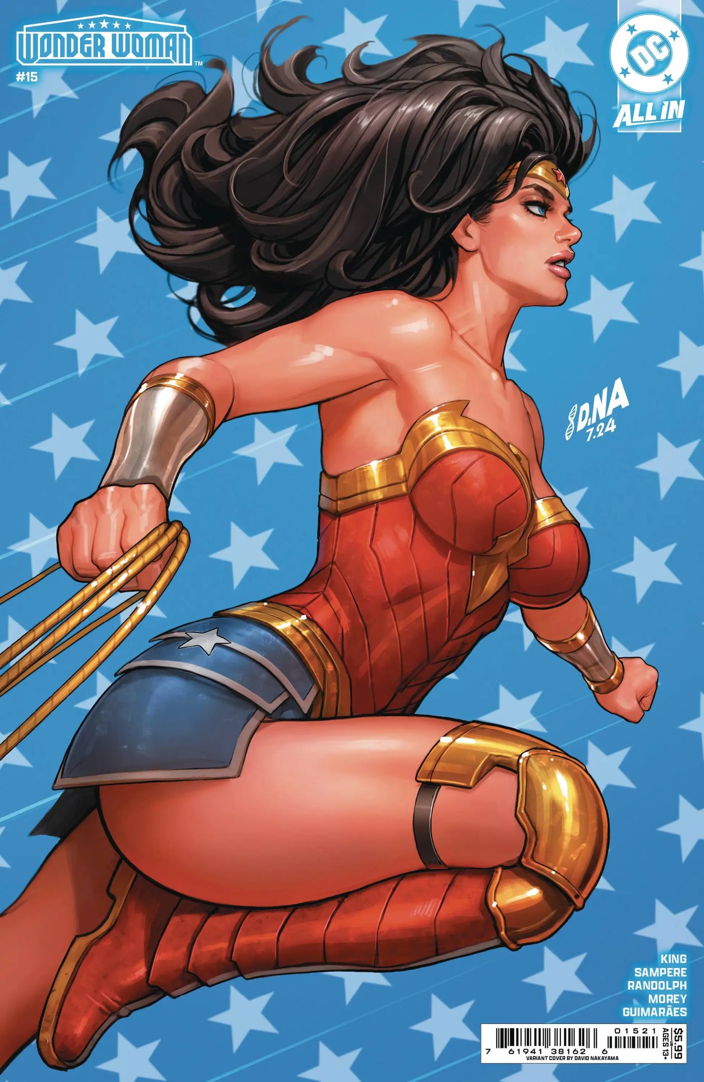 Dynamic Wonder Woman leaps in red and gold costume, ideal for trading cards collection