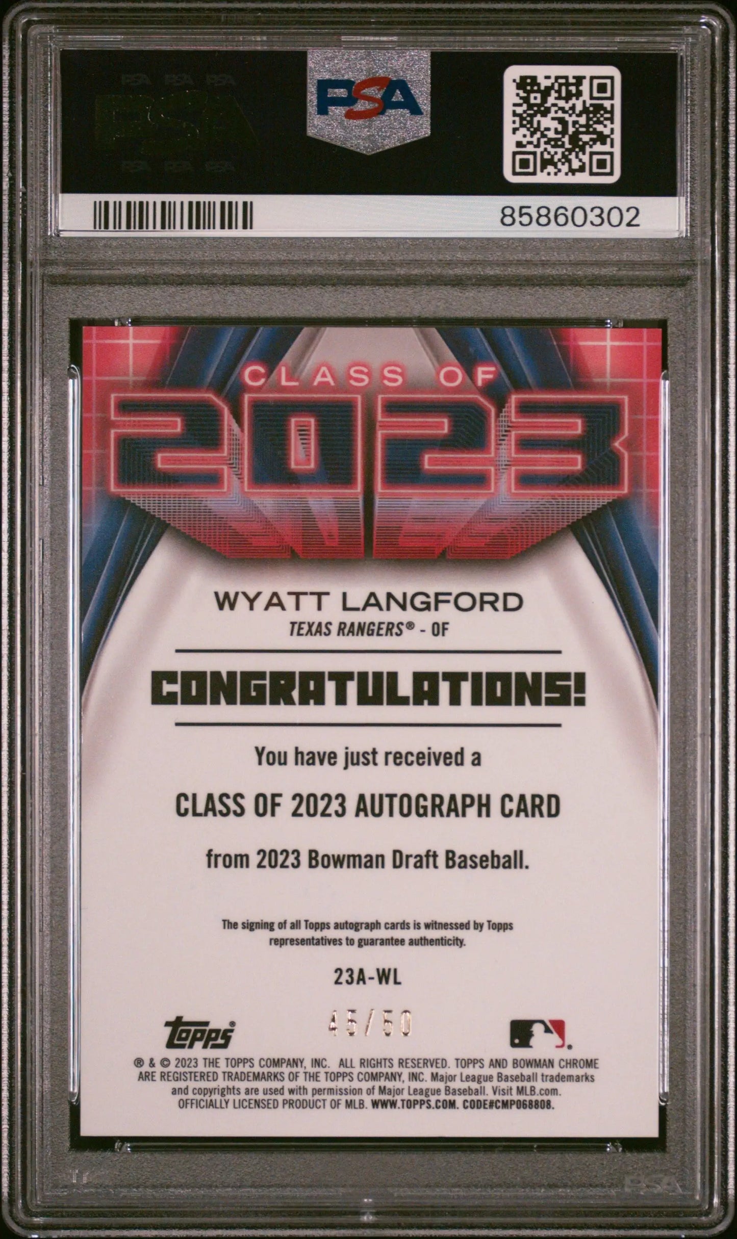 Graded Wyatt Langford Bowman Draft Class baseball trading card 2023 Auto PSA 9 Mint
