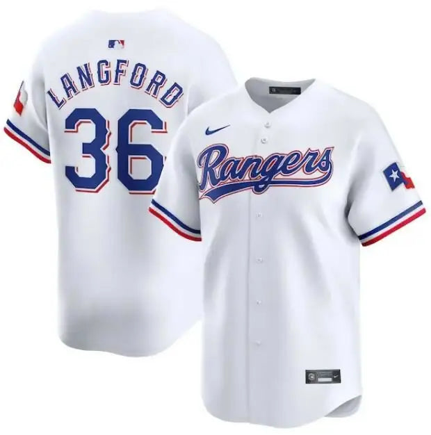 White Wyatt Langford Texas Rangers Nike Home Limited Player Jersey with blue and red accents