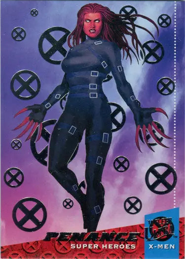 Female superhero with blue skin and red hair in dark bodysuit for X-Men Silver Foil Base Parallel Card