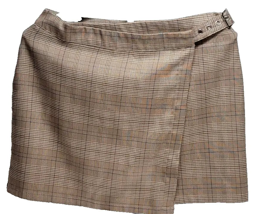 Y2K plaid mini skirt with buckle closure, brown and white grunge wrap skirt