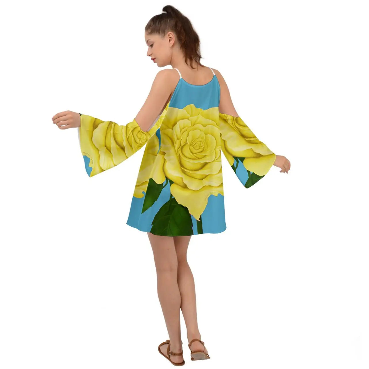 Yellow Aqua Rose Kimono Sleeves Womens Boho Dress with flowing yellow rose print