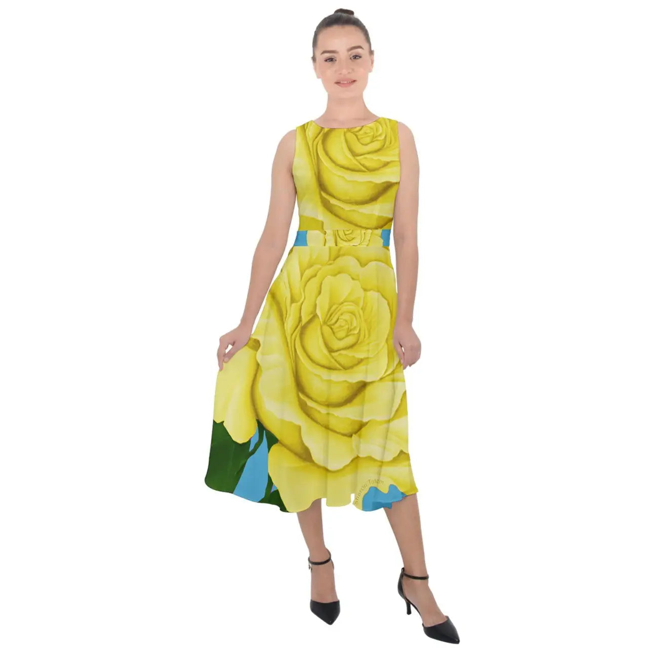 Yellow Aqua Rose Midi Tie-Back Chiffon Dress featuring a sleeveless yellow midi dress with rose print