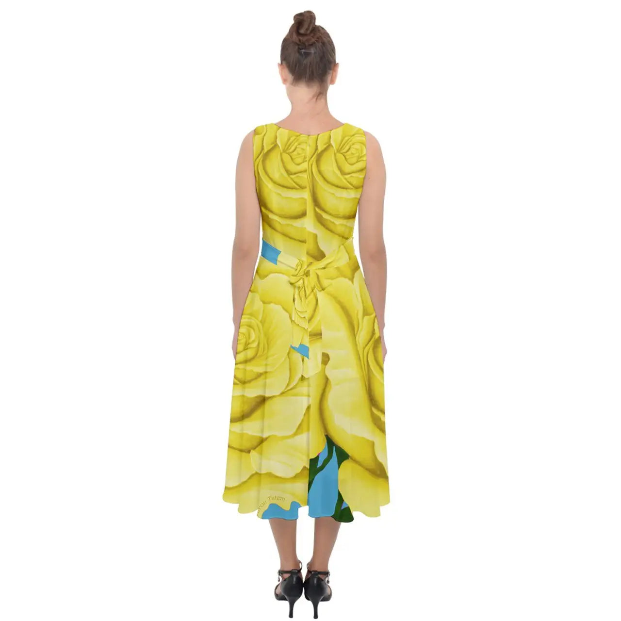 Yellow Aqua Rose chiffon dress with floral print and tied back for elegant style