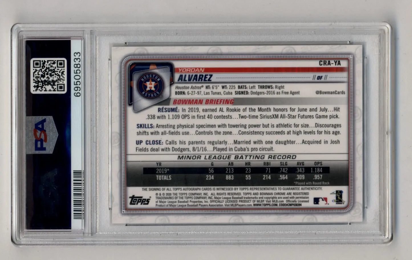 Yordan Alvarez 2020 Bowman Chrome Rookie Atomic Refractor Auto in protective case with PSA label