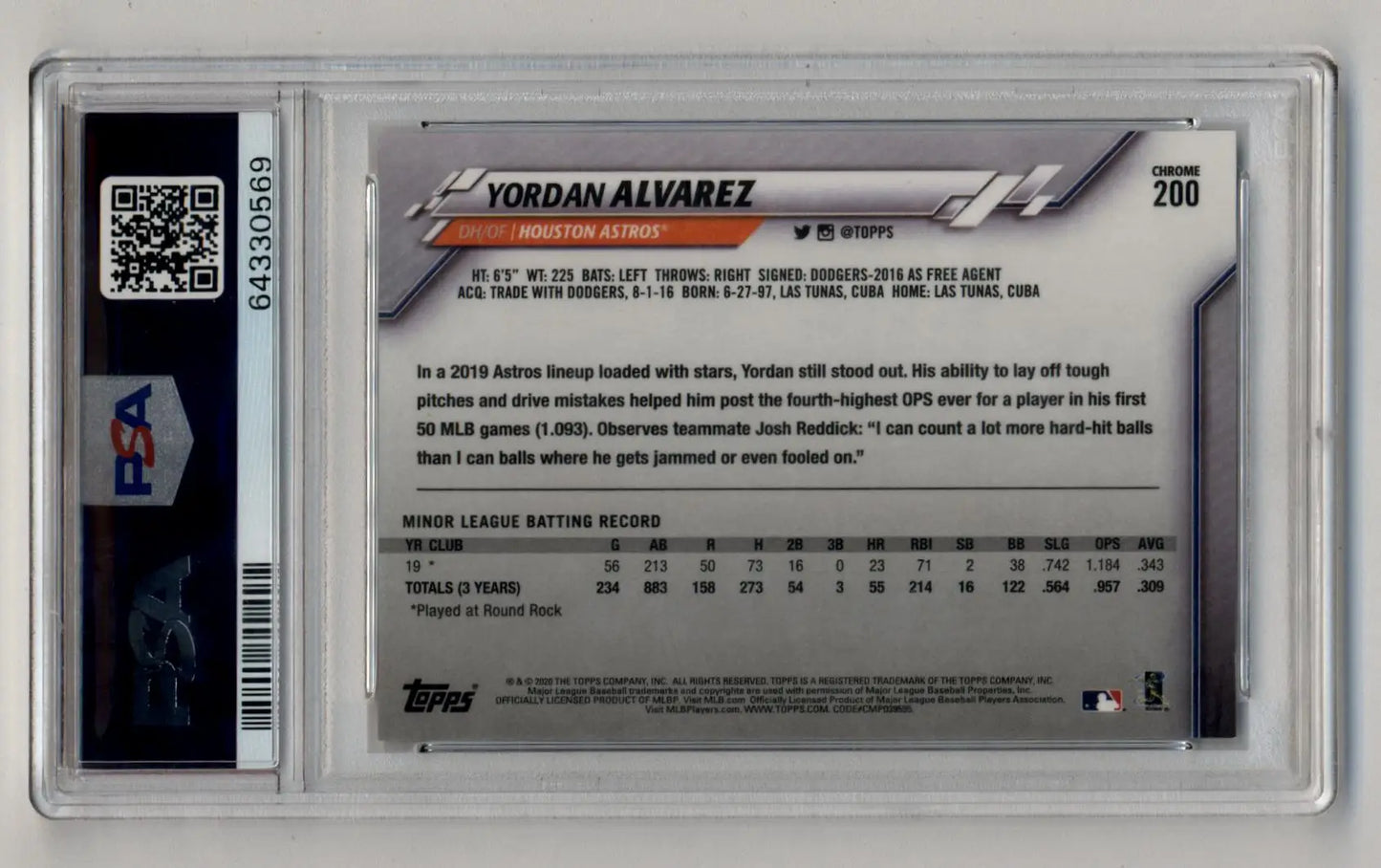 Slabbed Yordan Alvarez 2020 Topps Chrome Negative Refractor PSA 10 Gem Mint card