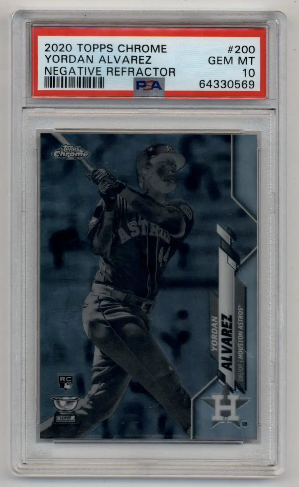 PSA-graded Yordan Alvarez 2020 Topps Chrome Negative Refractor baseball card in case