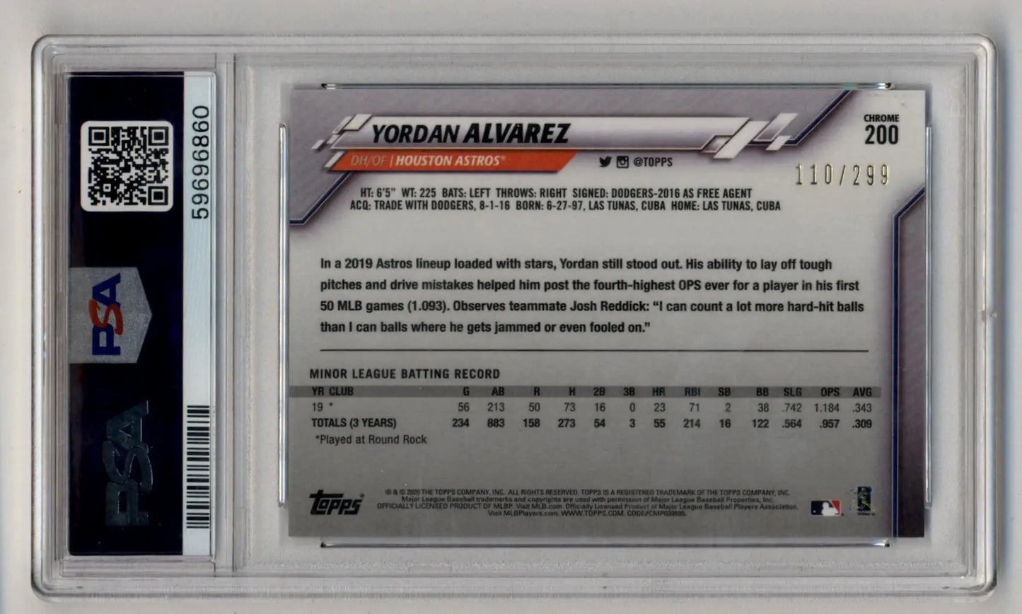 Graded Yordan Alvarez 2020 Topps Chrome Purple Refractor baseball card PSA 10