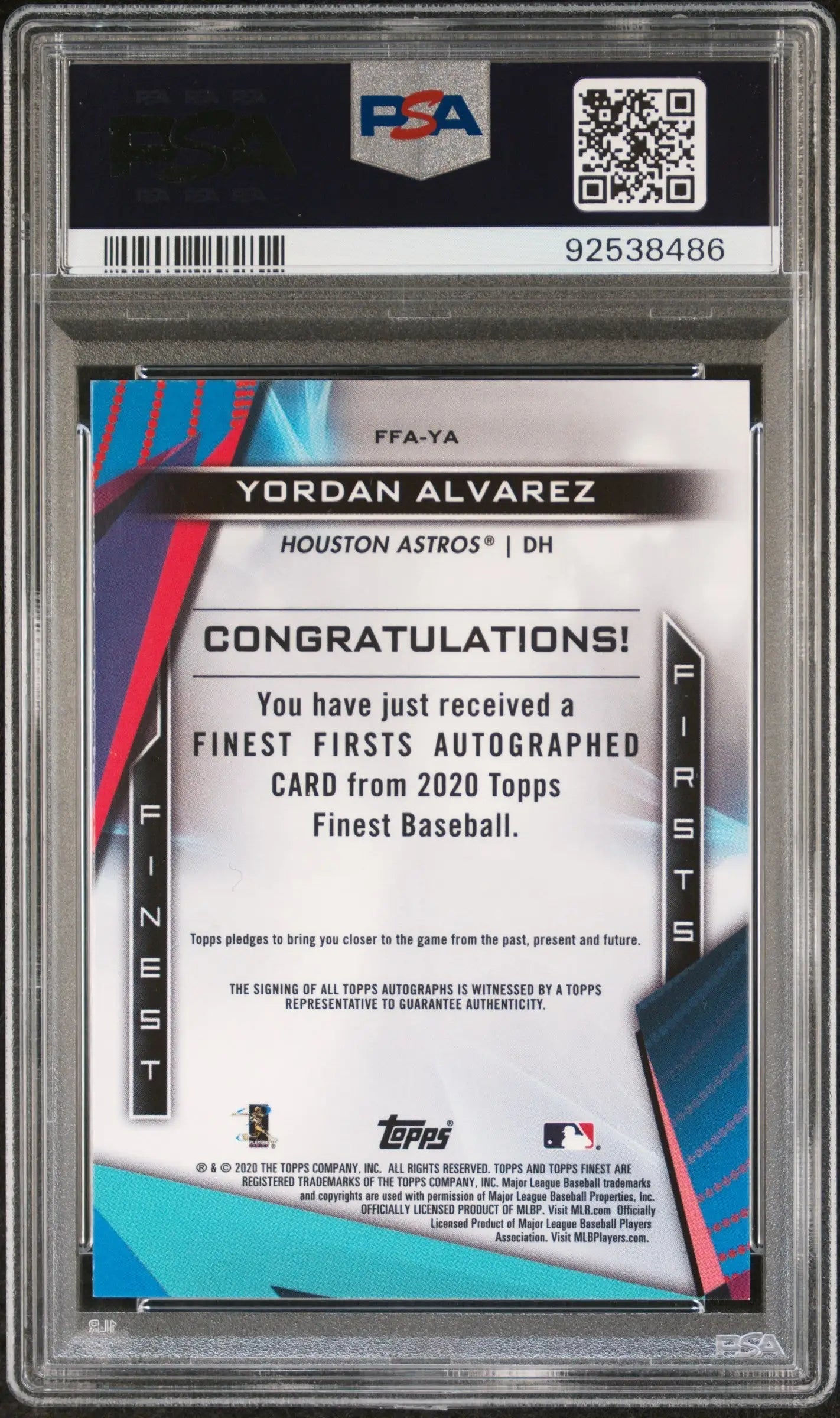 Yordan Alvarez 2020 Topps Finest Firsts auto card with PSA 10 grade