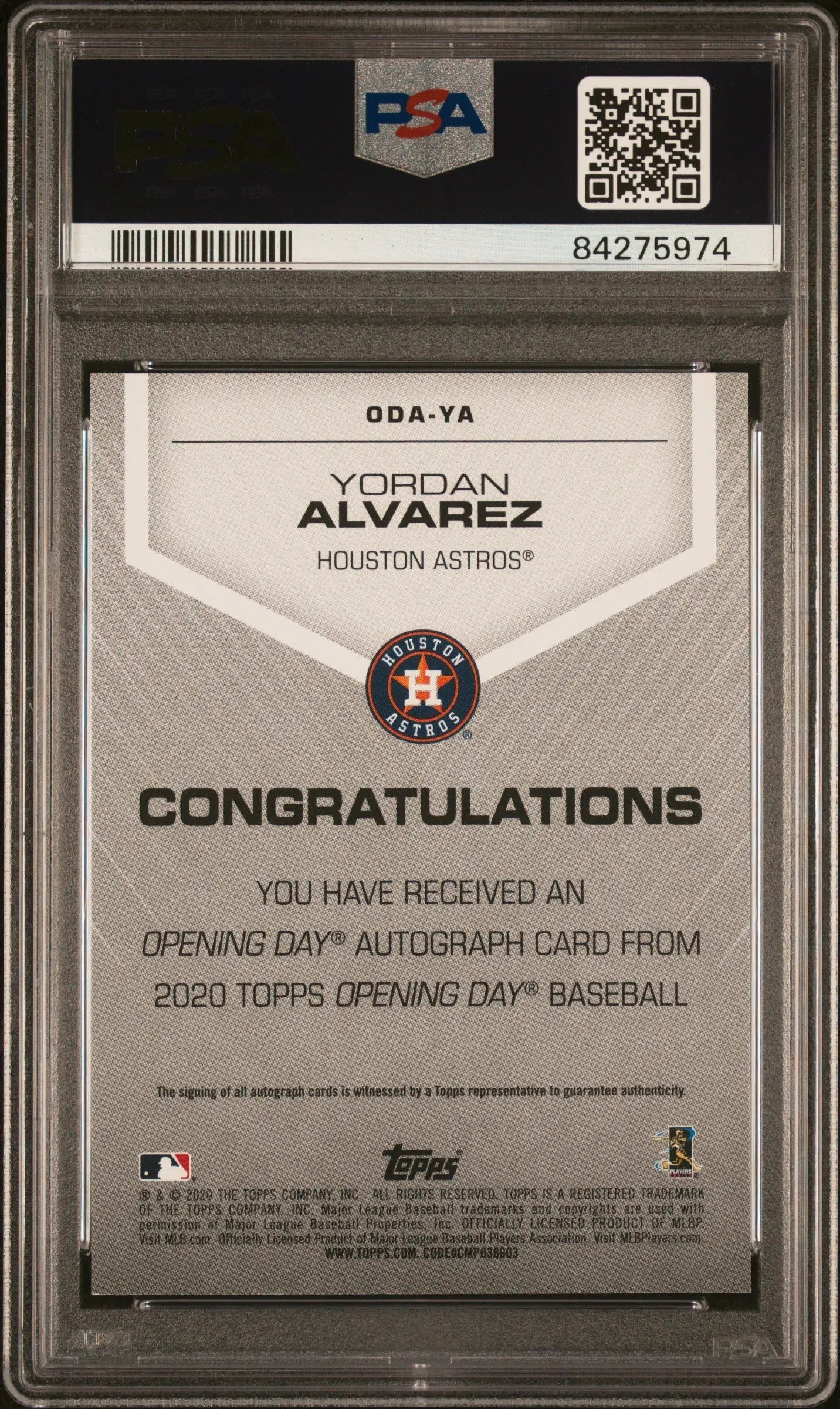 Yordan Alvarez 2020 Topps Opening Day auto baseball card PSA 9 opening day auto