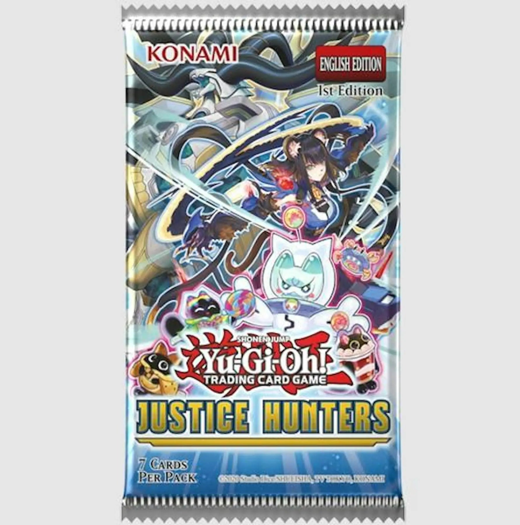Sealed Yu-Gi-Oh Justice Hunters booster pack from Justice Hunters Booster Box at Columbia Sports Cards & More