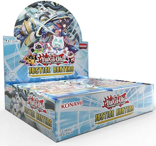 Display of Yu-Gi-Oh Justice Hunters Booster Box with Justice Hunters Booster trading card packs