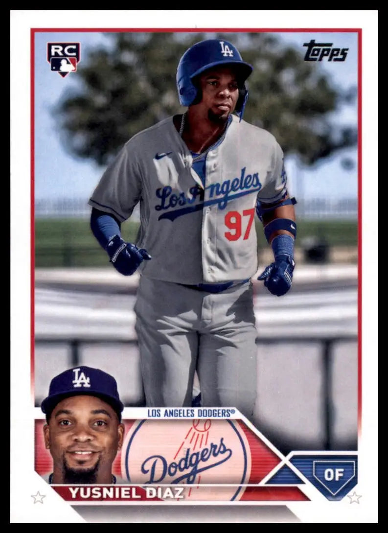 Yusniel Diaz rookie baseball card from 2023 Topps set featuring Los Angeles Dodgers