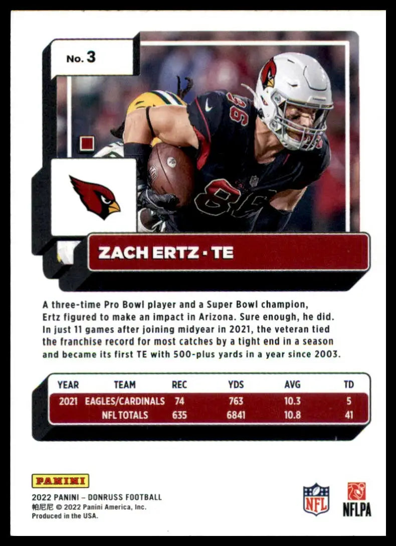 Zach Ertz football card from 2022 Donruss Arizona Cardinals series