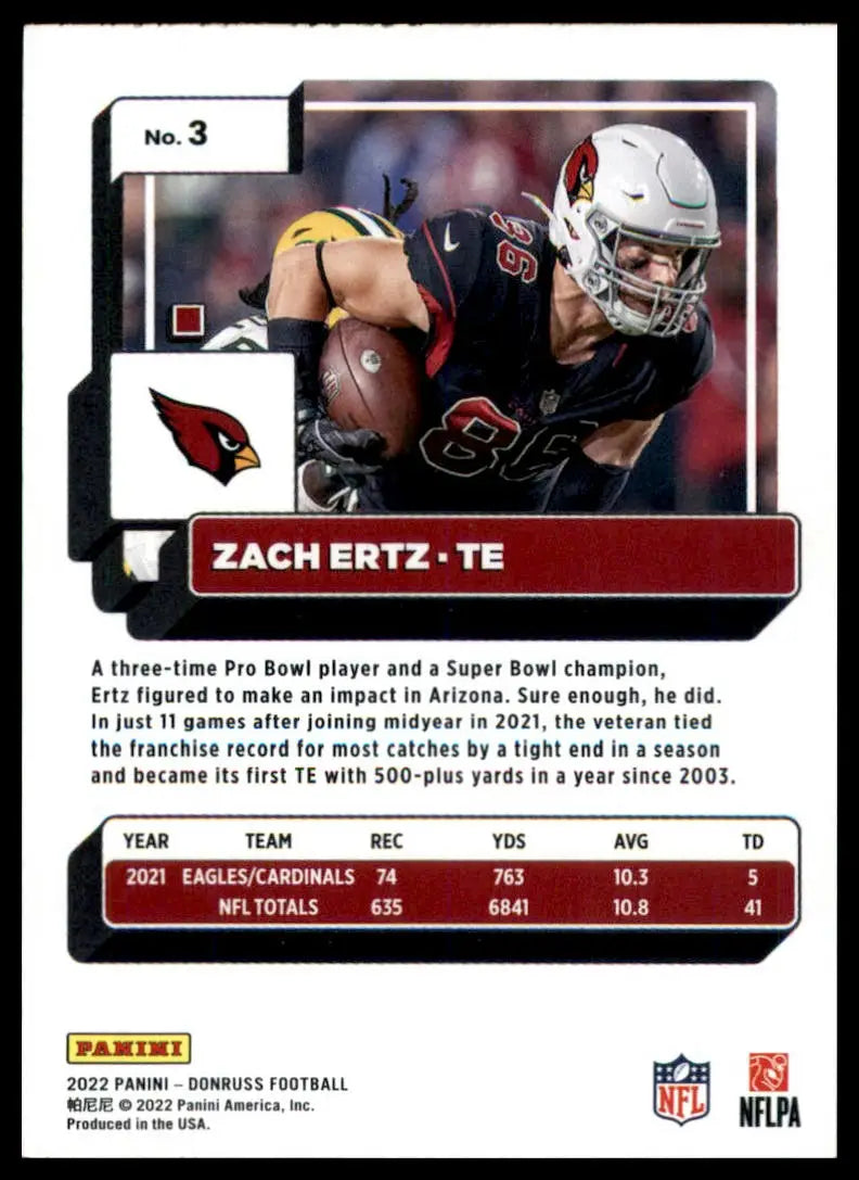 Zach Ertz football card from 2022 Donruss Arizona Cardinals product