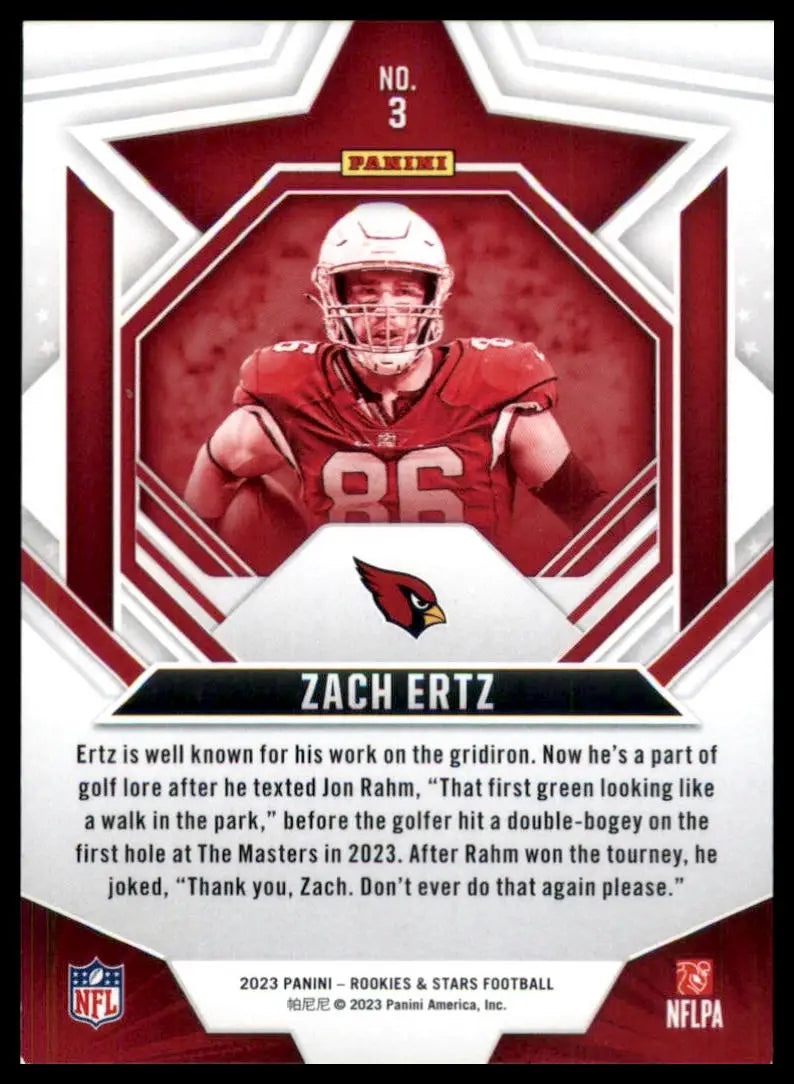 Football trading card featuring Zach Ertz in Arizona Cardinals uniform from Panini Rookies