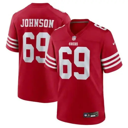 Red San Francisco 49ers Nike game jersey with number 69 and JOHNSON on the back