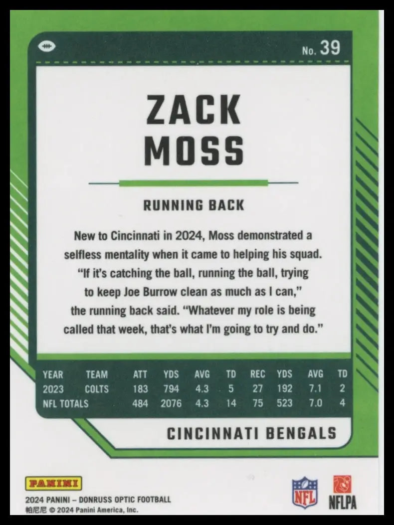 2024 Panini Donruss Optic Zack Moss football card Cincinnati Bengals product