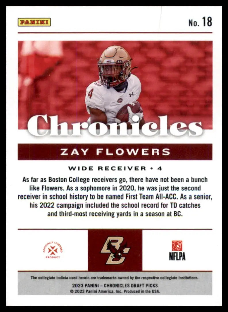 Zay Flowers football card from Panini Chronicles Draft Picks 2023 Boston College Eagles