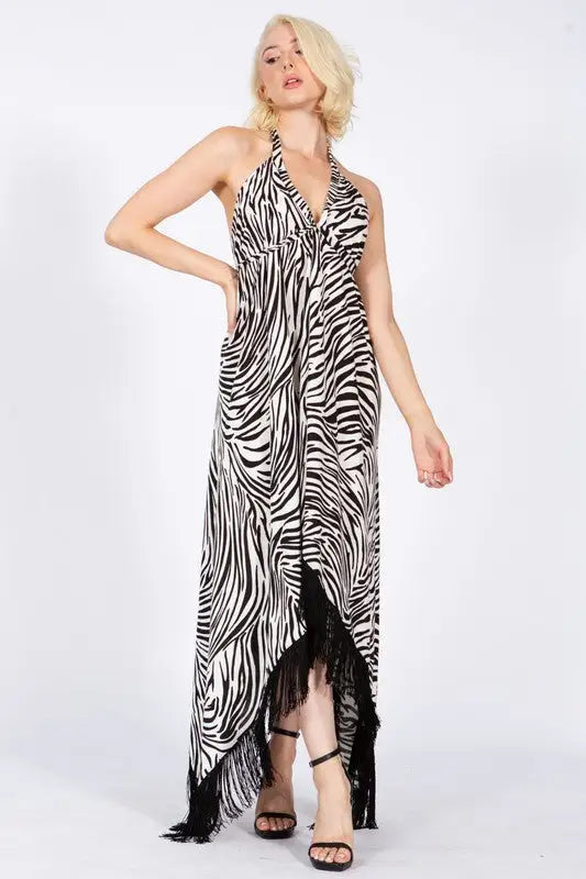 Black and white zebra print halter dress with fringed high-low hem, size fits most