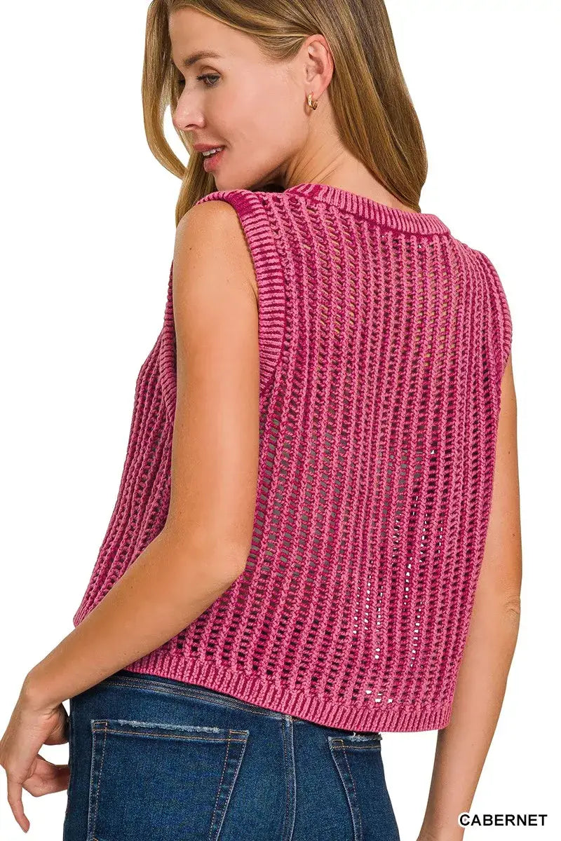 Zenana Acid Washed Fishnet Sweater Vest - Fishnet Sweater