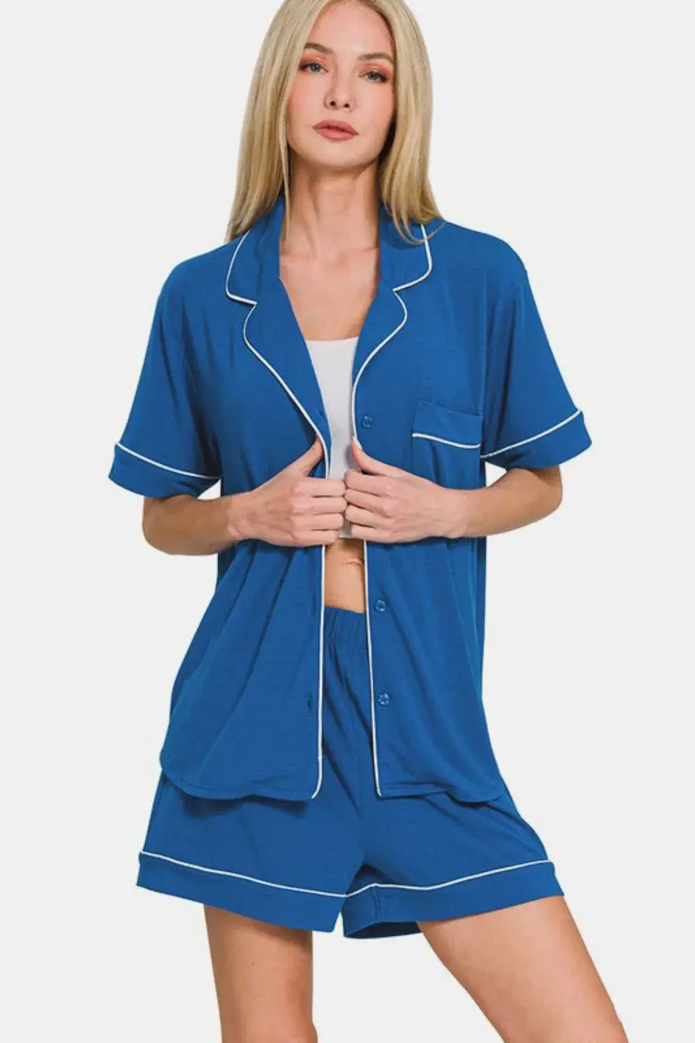Blue short sleeve lounge set with white piping and buttons, shorts lounge set for comfort