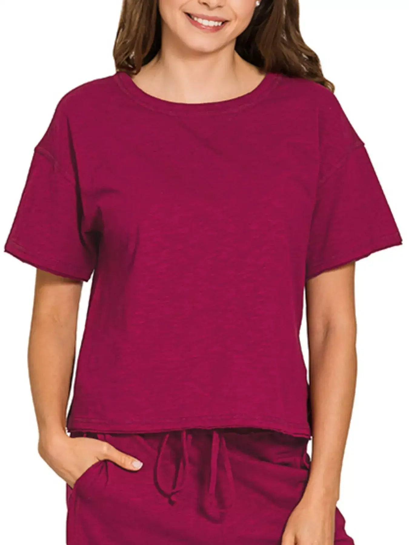 Zenana Cotton Slub Short Sleeve Tee and Pants Set