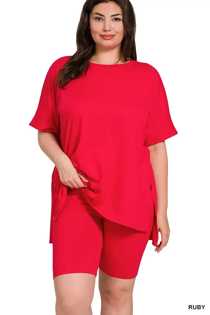 Zenana Full Size Brushed Dty Microfiber Round Neck Top and Biker Shorts Set Plus Size